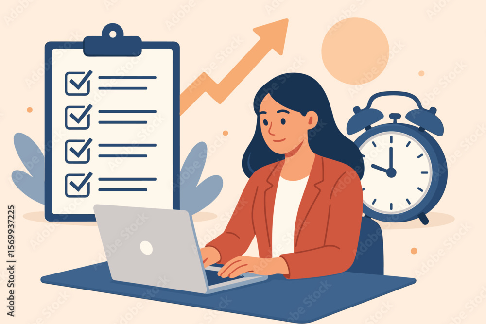 Businesswoman Time Management Productivity Concept. Project Planning, Task Checklist, Efficient Workflow, Achieving Business Goals, Office Work, Laptop, Deadline, Growth Arrow Businesswoman Time Management Productivity Concept. Project Planning, Task Checklist, Efficient Workflow, Achieving Business Goals, Office Work, Laptop, Deadline, Growth Arrow