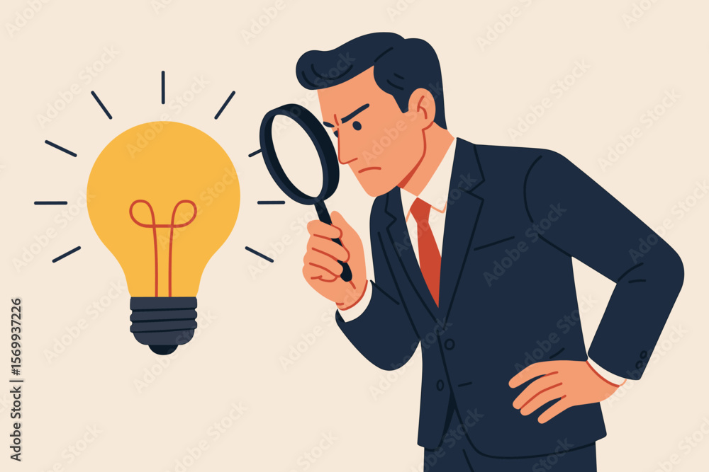 Perfectionist businessman analyzing idea with magnifying glass. Attention to detail, high standards, focus on perfect results. Concept of meticulous work, goal achievement, precision Perfectionist businessman analyzing idea with magnifying glass. Attention to detail, high standards, focus on perfect results. Concept of meticulous work, goal achievement, precision
