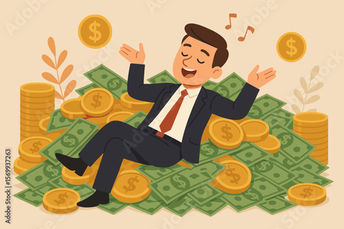 Wealthy businessman celebrating financial success, relaxing on pile of money, coins, and cash. Investment profit, FIRE, financial independence, rich lifestyle, prosperity, happiness