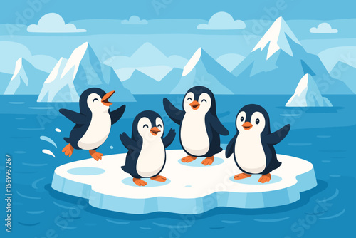 Playful Penguins on Ice Floe with Majestic Glaciers and Icebergs, Antarctic Wildlife, Happy Cartoon Penguins, Winter Landscape, Vector Illustration for Postcard, Children’s Decor
