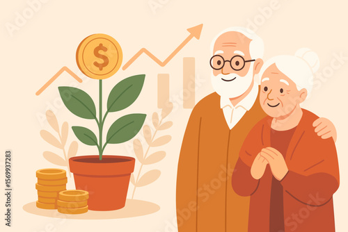Senior couple financial planning, retirement pension fund, 401k savings, investment profit growth, wealth management, elderly money management, golden years security