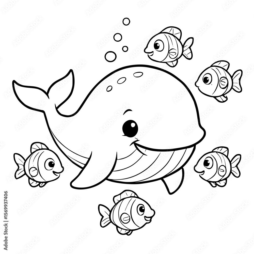 Fototapeta premium Cute Cartoon Whale and Fish Outline for Coloring Book 