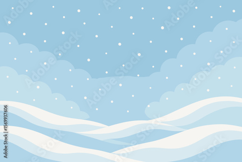 Winter Snow Landscape Background. Christmas Snowdrifts, Falling Snow, Blue Sky, Frosty Weather. Minimalist Flat Vector Illustration. Holiday Season, New Year, Winter Scene, Nature, Peaceful, Calm