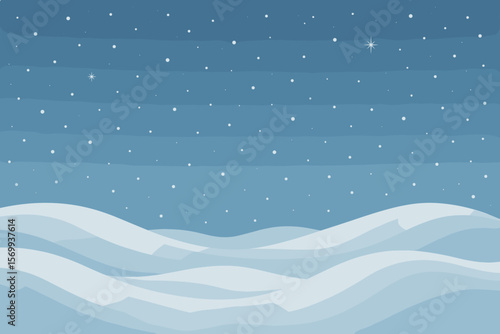 Winter Snow Landscape, Christmas Snowdrifts, Night Sky, Falling Snow, Peaceful Holiday Background, Frosty Hills, Seasonal Winter Scene, Modern Flat Vector Illustration