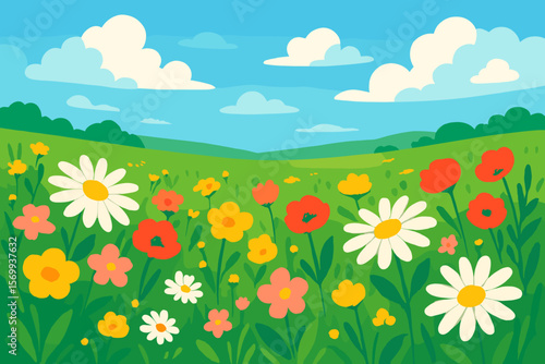 Vibrant Spring Wildflower Meadow Landscape. Colorful Daisies, Poppies, Buttercups, Blossoms in Lush Green Grass. Blue Sky, Fluffy Clouds. Nature Vector Illustration for Poster, Banner