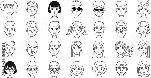 Diverse people faces vector collection editable stroke line art portraits