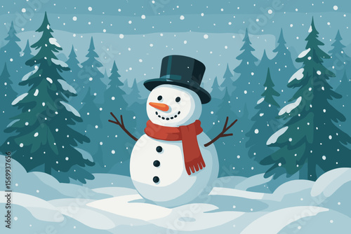 Cheerful Snowman in Winter Forest, Snowy Weather, Pine Trees, Snowdrifts, Christmas Holiday, Festive Seasonal Landscape, Vector Illustration, Frosty Scene, Holiday Card Design
