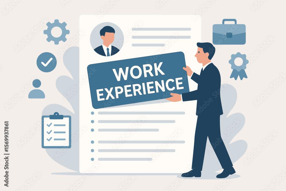 Work Experience on Resume Concept. Businessman Adding Skills, Qualifications, Expertise, Competence, Job Certification, Professional Capability, Career Opportunity Illustration Work Experience on Resume Concept. Businessman Adding Skills, Qualifications, Expertise, Competence, Job Certification, Professional Capability, Career Opportunity Illustration