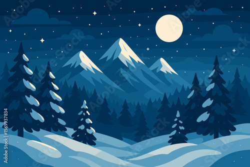Majestic Winter Night Landscape with Snow-Capped Mountains, Pine Forest, Snowdrifts, Full Moon, Starry Sky, and Clouds