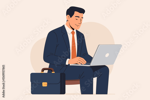 Confident businessman in suit working on laptop, professional employee with briefcase, expertise, specialist skills, occupation, administrator, career success concept