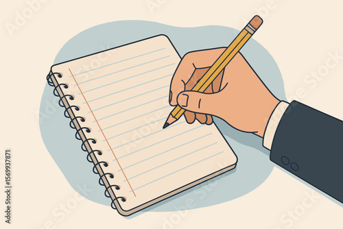 Businessman hand writing note on spiral notebook paper with pencil. Taking memo, recording information, writing document, diary, lecture, article, message concept illustration
