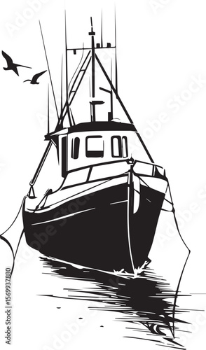 Print Fishing Boat Line Art with Seagulls