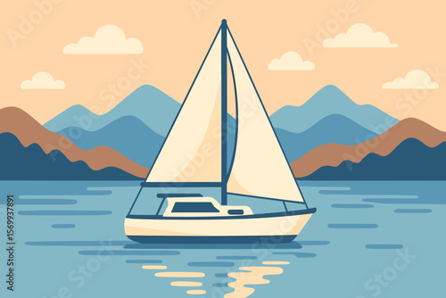 Flat Design Sailing Yacht on Lake with Majestic Mountain Silhouettes, Calm Water, Clouds, Modern Vector Illustration, Nautical Adventure, Scenic Landscape, Travel Concept