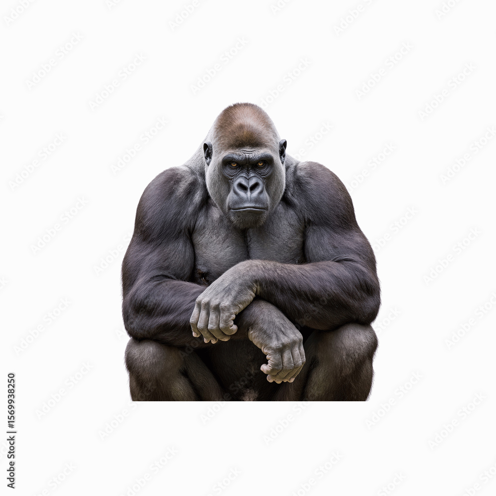 Obraz premium Dominant Silverback: A powerful male gorilla with a commanding gaze and rippling muscles. This striking image captures the raw strength and primal presence of the majestic silverback.