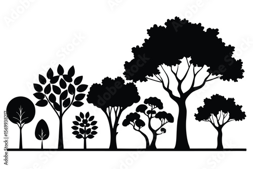 Silhouette Illustration of Seven Trees Featuring Various Species and Leaf Shapes in Black Color