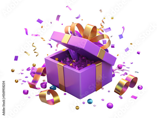 Purple Gift Box with Gold Ribbon and Confetti Explosion on Transparent Background, 3d Clipart With Isolated Background