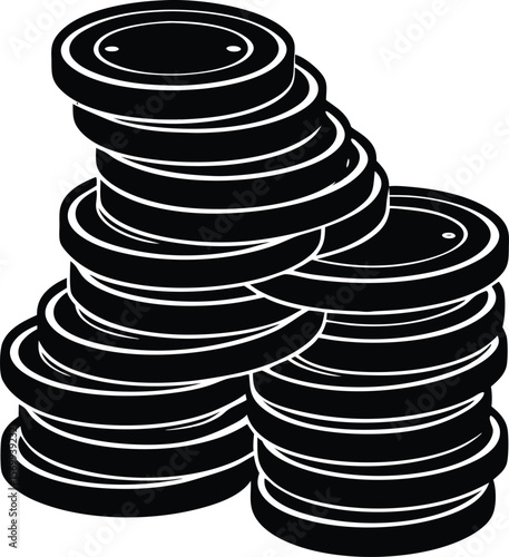 Coin Stacks: An artful arrangement of stacks of coins, rendered in bold black and white, showcasing wealth.