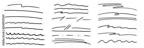 Set of black ink pens or markers underscore and accent lines. Hand drawn pen strokes. Highlighting a note. Handwritten underlining accent element. Vector illustration.
