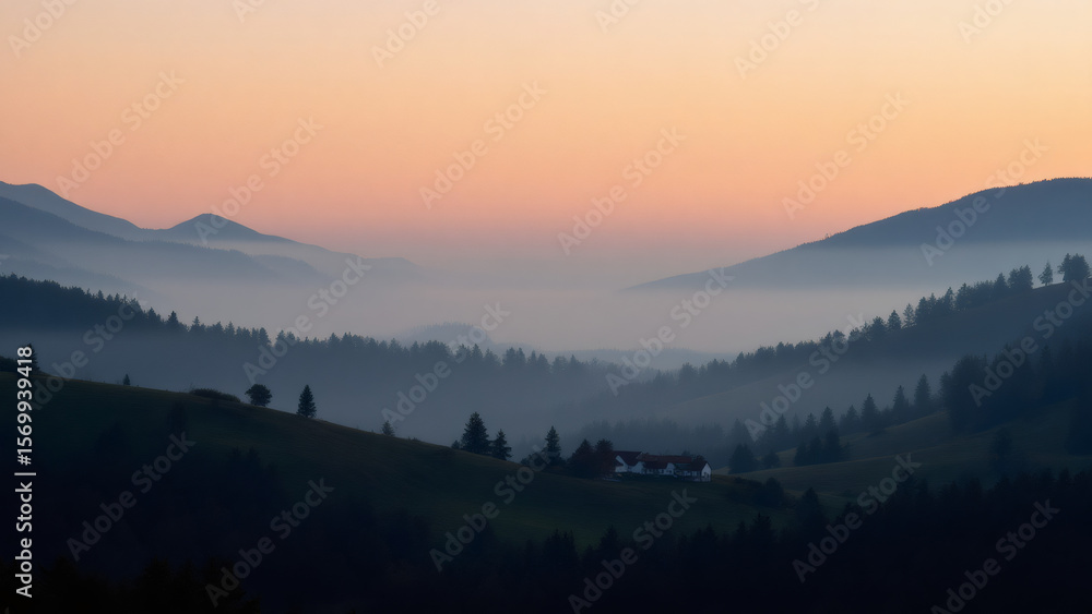 Fototapeta premium Sunrise Over Misty Mountain Valley Landscape with Rural House