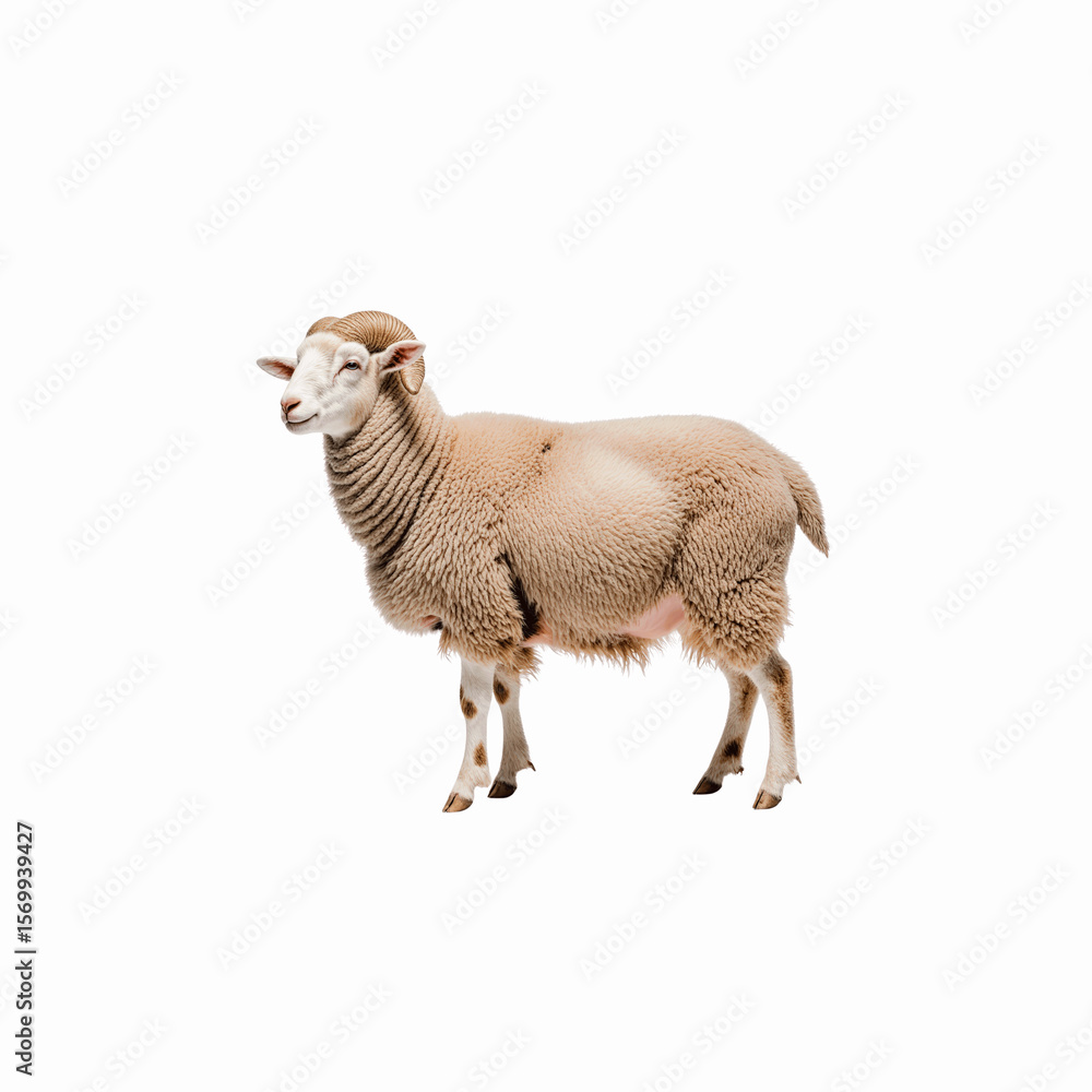 Obraz premium Sheep: A singular sheep stands in profile, its woolly coat and gentle gaze capturing the essence of pastoral tranquility.