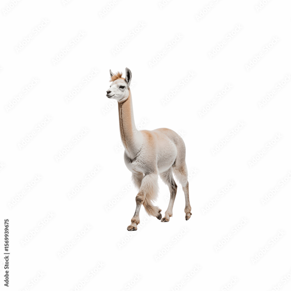 Fototapeta premium Llama in motion: A majestic llama strides forward, its elegant form captured against a pristine background, highlighting its unique qualities and grace.