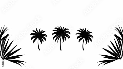 Silhouetted palm trees and leafy fronds create a tropical island or beach scene on a bright white backdrop.