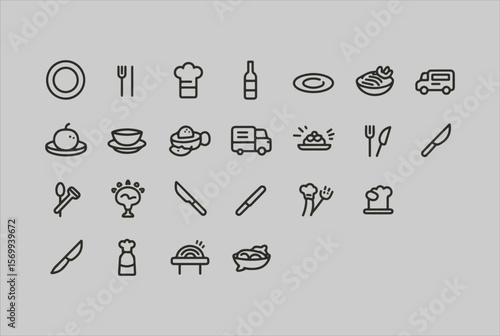 Collection of simple outline icons representing food and dining elements including plates forks knives chef hats bottles and food trucks