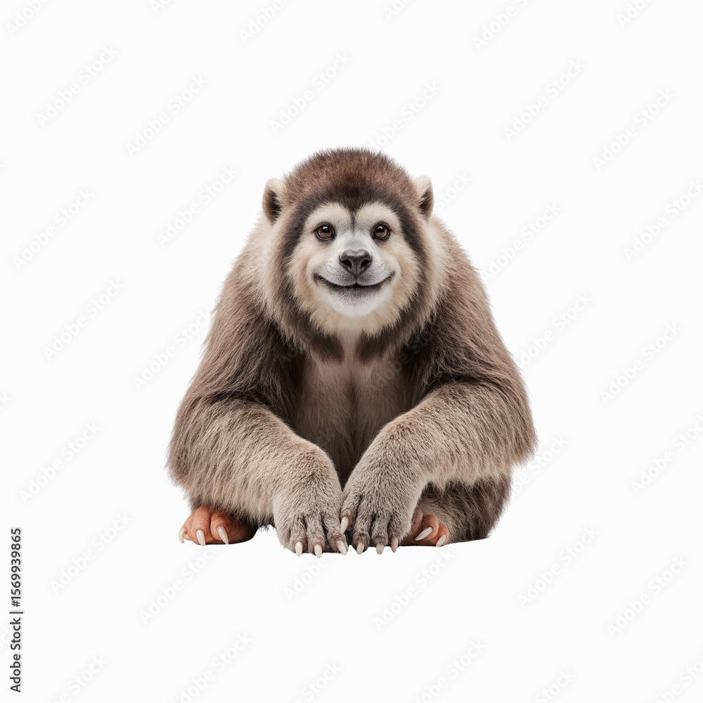 Fototapeta premium Smiling Monkey-Bear hybrid: A whimsical, anthropomorphic animal, a charming hybrid between a monkey and a bear, sits and smiles warmly. 