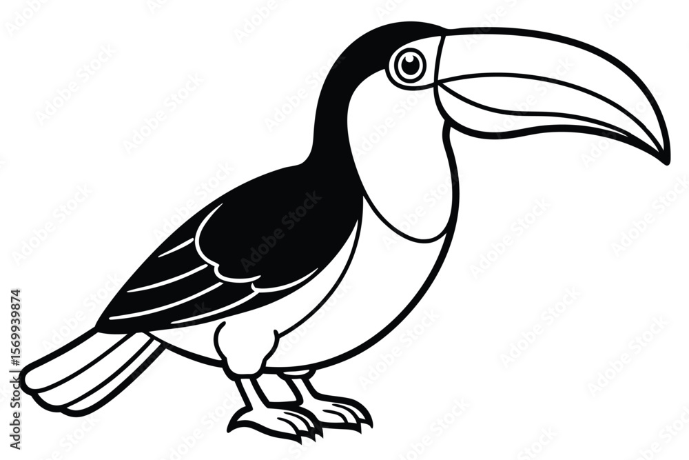 Fototapeta premium Black and White Cartoon Toucan Standing Side View with Big Beak Illustration