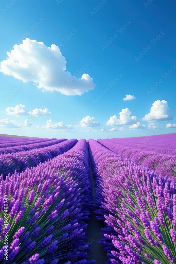 Fototapeta premium Vast purple lavender field under a bright blue sky , fresh, color, wellness