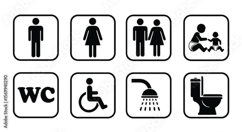 Collection of universally recognized symbols for public restrooms and accessibility amenities including men women family disabled shower and toilet icons