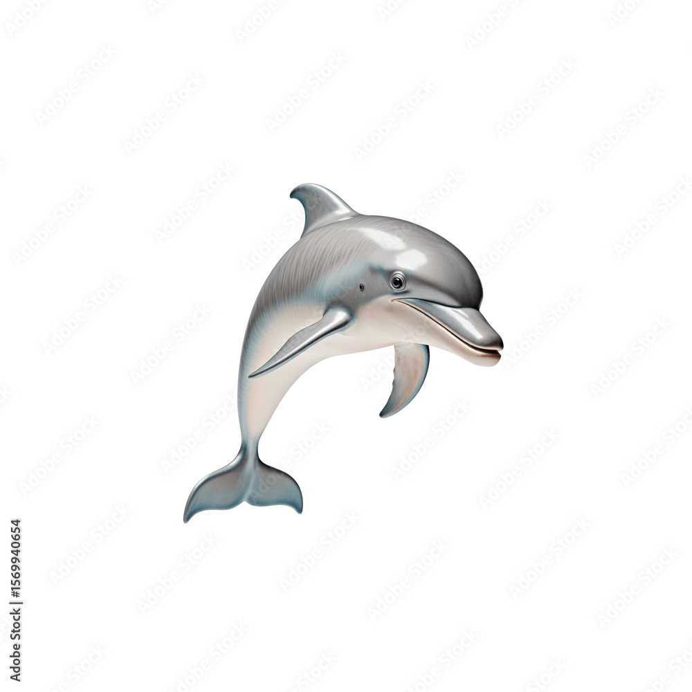 Fototapeta premium Majestic Dolphin in Leap: A stunning, photorealistic depiction of a graceful dolphin leaping in mid-air, showcasing its sleek form and radiant presence, a symbol of freedom and marine elegance.