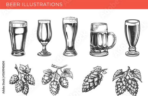 Set illustrations of beer isolated on transparent background. Glass and hop. Vector graphics