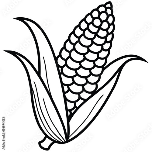 Sweet Corn: An isolated image showcases a detailed illustration of a vibrant, freshly picked ear of corn. The corn, enclosed in its lush green husks and with a hint of freshness and nutrition.