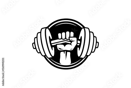 illustration of a rough strong clenched hand fist holding lifting a barbell or dumbbell. weight lifting gym fitness sport club vintage retro emblem badge label logo design