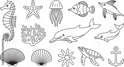 Diverse Ocean Life and Sea Creatures: Detailed Line Art Vector Icons Collection.