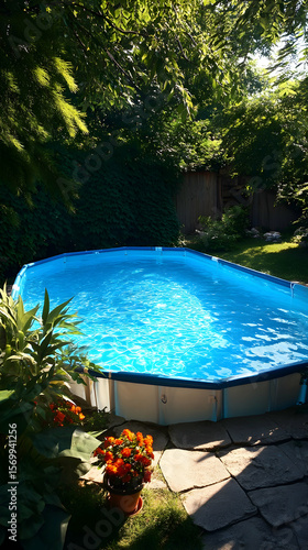 Backyard above-ground pool in sunlight   -