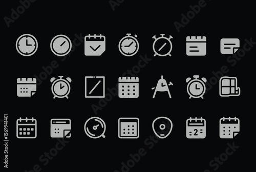 A collection of simple gray icons representing time management and planning including clocks calendars and notes on a black background