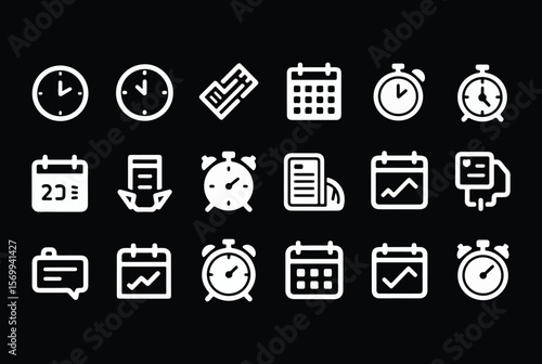 Collection of white icons representing time management tasks like clocks calendars alarms and to do lists on a black background