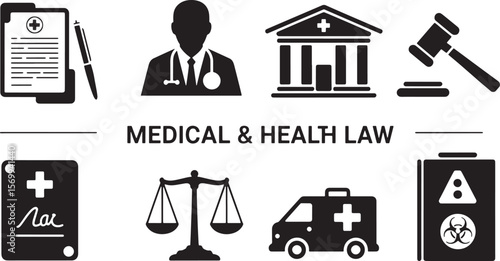 Medical and Health Law Icons: Doctor, Hospital, Justice, and Ambulance Solid Set.