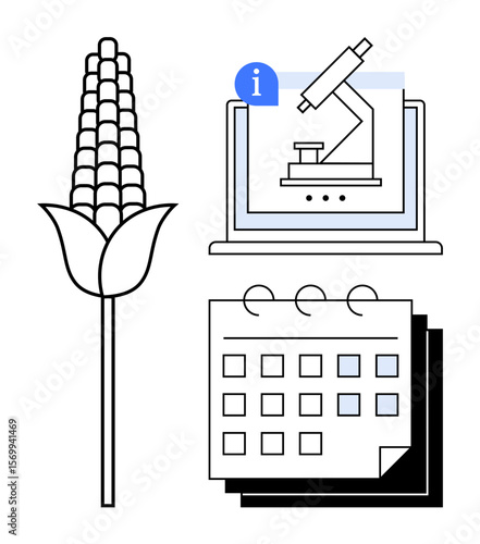 Corn plant, laptop displaying microscope, and calendar emphasize agricultural studies, scientific research, modern farming practices, and scheduling. Ideal for innovation, technology, precision