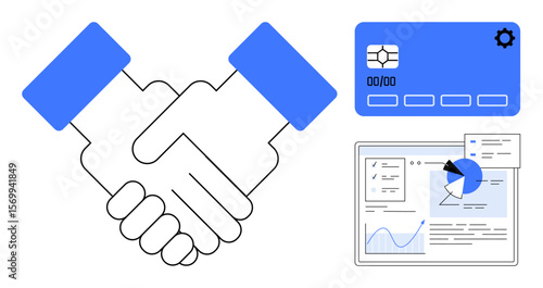 Handshake representing collaboration, a credit card for digital payment, and an analytics dashboard. Ideal for business, finance, collaboration, technology, e-commerce, partnerships and a simple