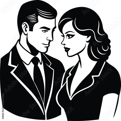 Elegant Encounter: A captivating monochrome portrayal of a poised man and woman engaged in an intimate moment, embodying sophisticated allure and understated charm.