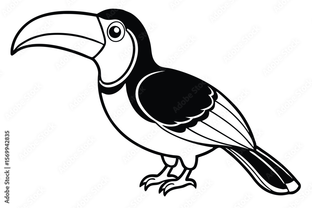 Obraz premium Cartoon Toucan Black and White Outline Bird with Large Beak Illustration