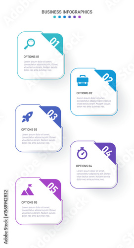 Vertical progress bar featuring 5 arrow-shaped elements, symbolizing the five stages of business strategy and progression. Clean timeline infographic design template. Vector for mobile presentation.