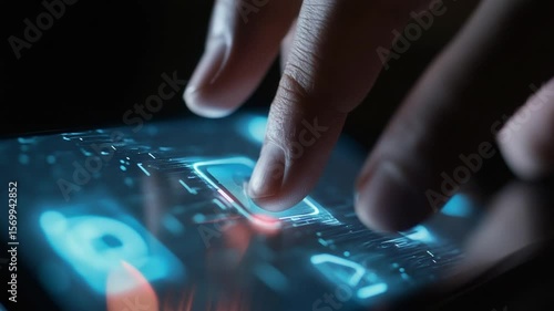 Human Finger Interacting with Futuristic Touchscreen Digital Interface Technology Concept