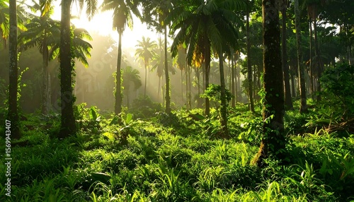 Lush tropical forest at sunrise