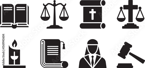 Justice, Faith, and Legal Authority Icons: Law, Religion, and Rights Vector Set.