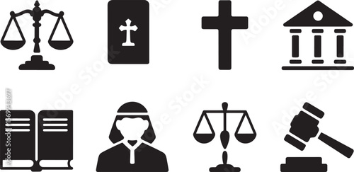  Religion, Justice, and Law Icons: Faith, Bible, and Equality Vector Set.