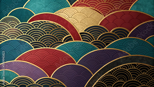 Abstract japanese seigaiha wave pattern in rich jewel tones with gold accents